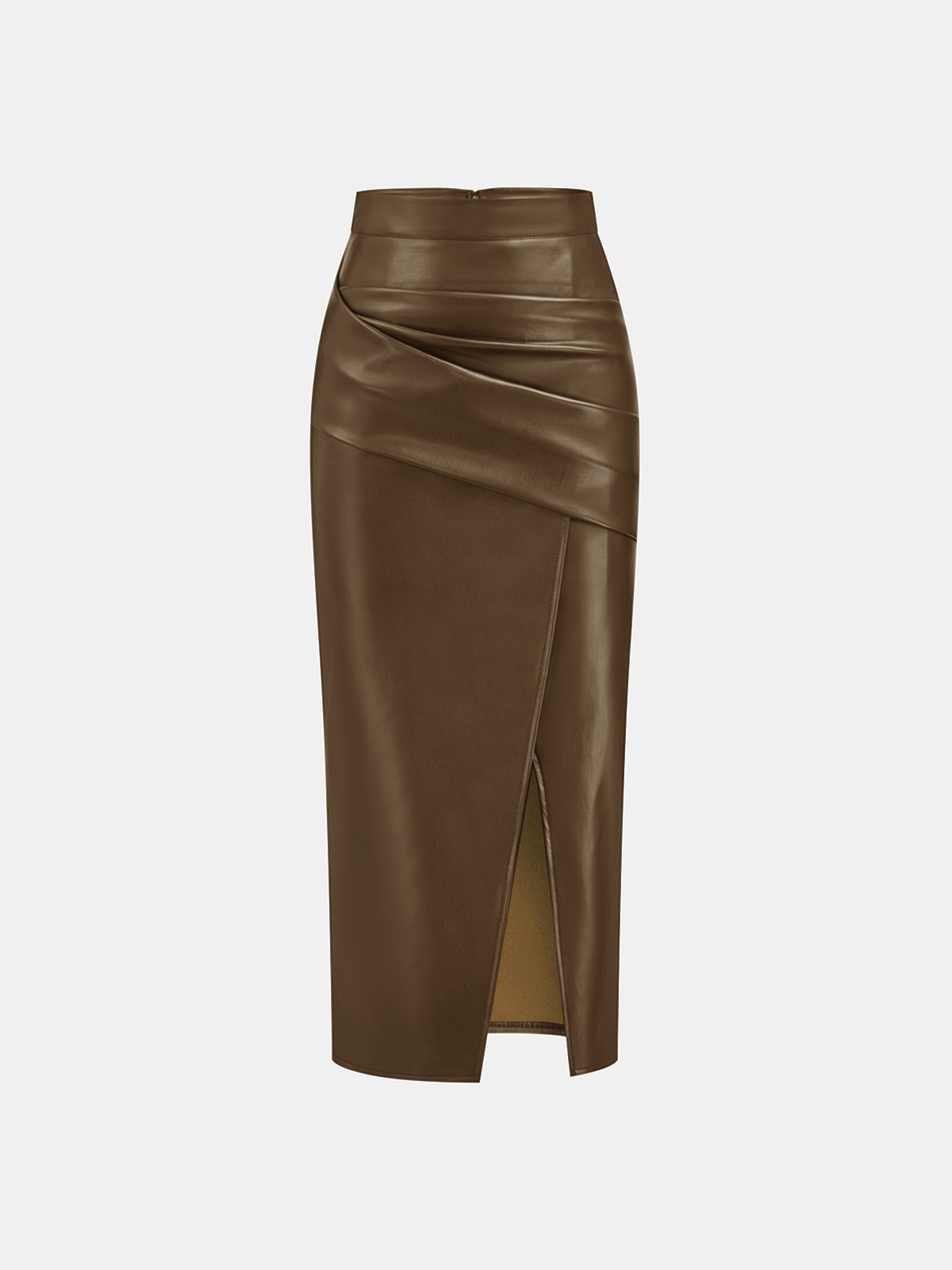 Rachel Ruched Slit Faux Leather Midi Skirt