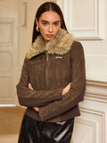 Tundra Faux Chic Fur Collar Knit Suede Jacket