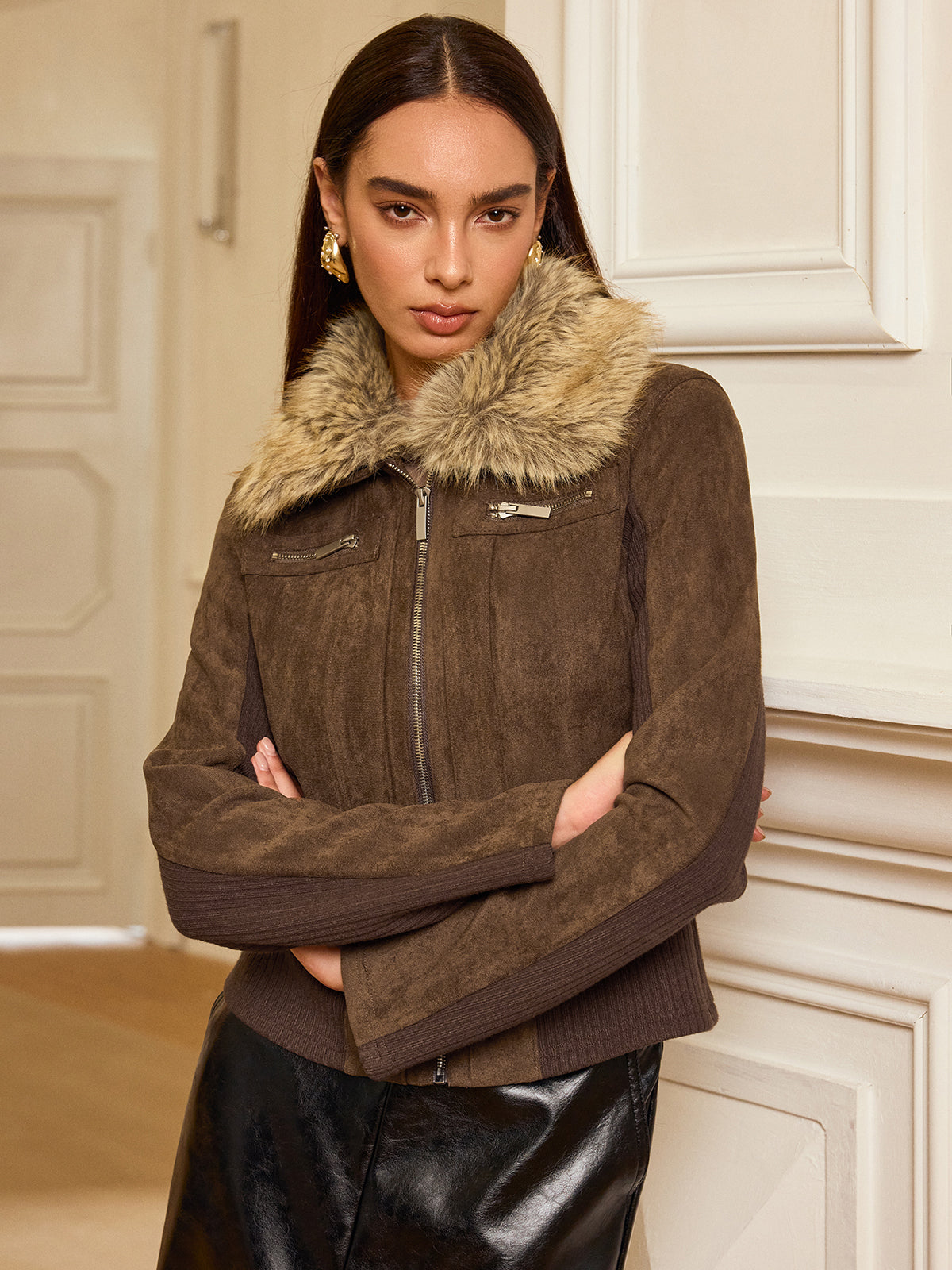 Tundra Faux Chic Fur Collar Knit Suede Jacket