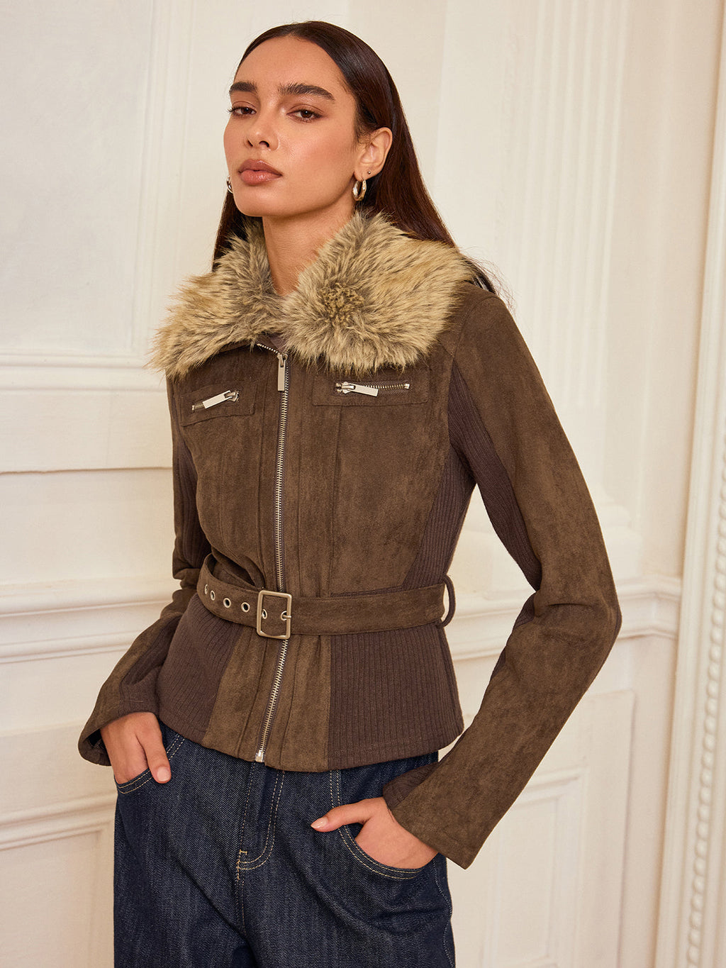Tundra Faux Chic Fur Collar Knit Suede Jacket