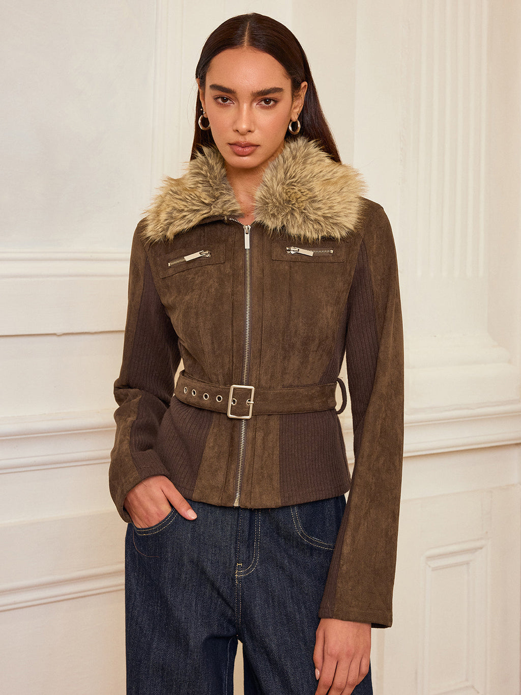 Tundra Faux Chic Fur Collar Knit Suede Jacket