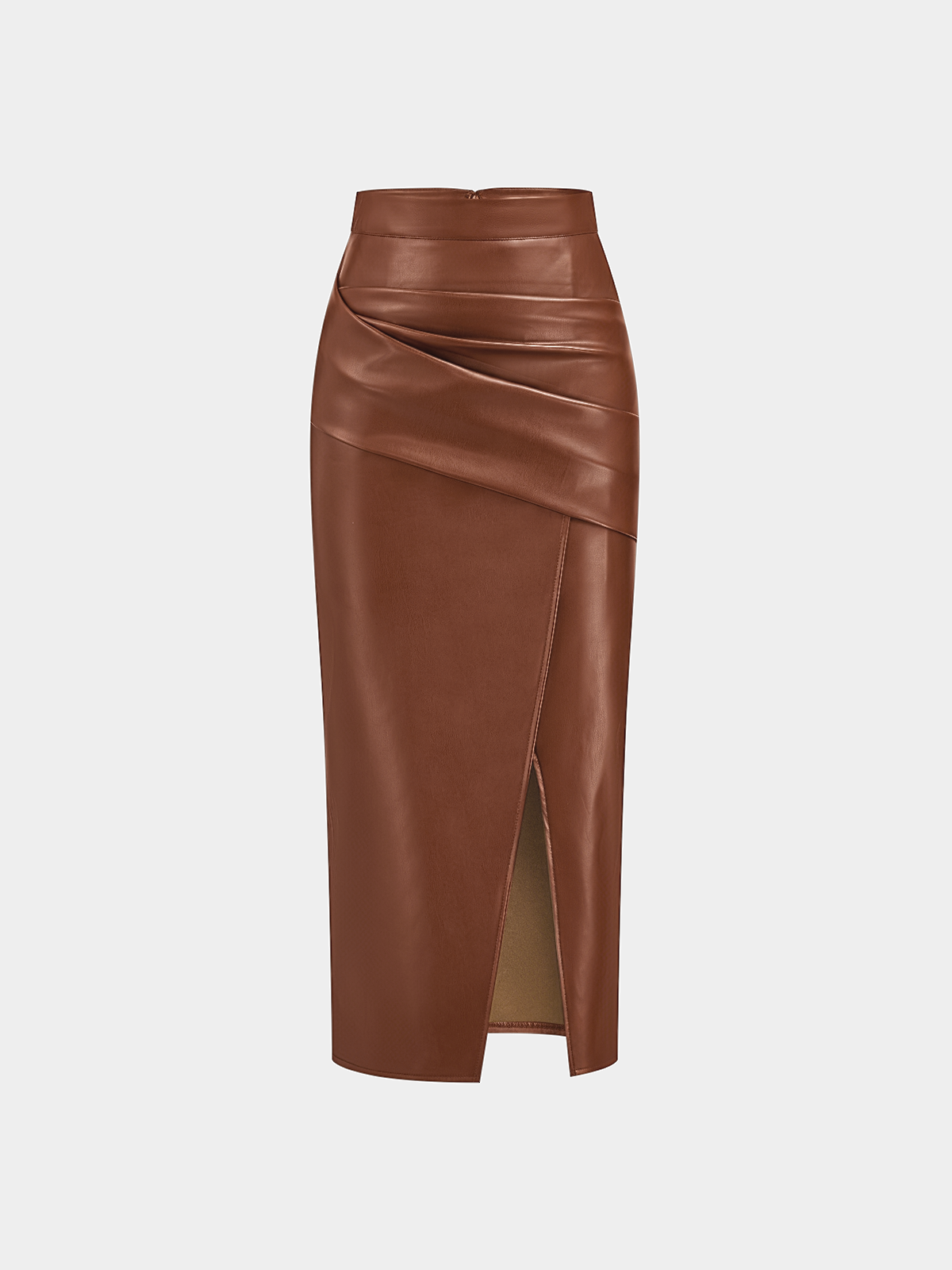 Rachel Ruched Slit Faux Leather Midi Skirt