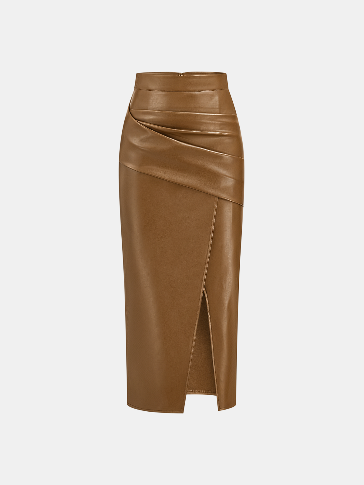 Rachel Ruched Slit Faux Leather Midi Skirt