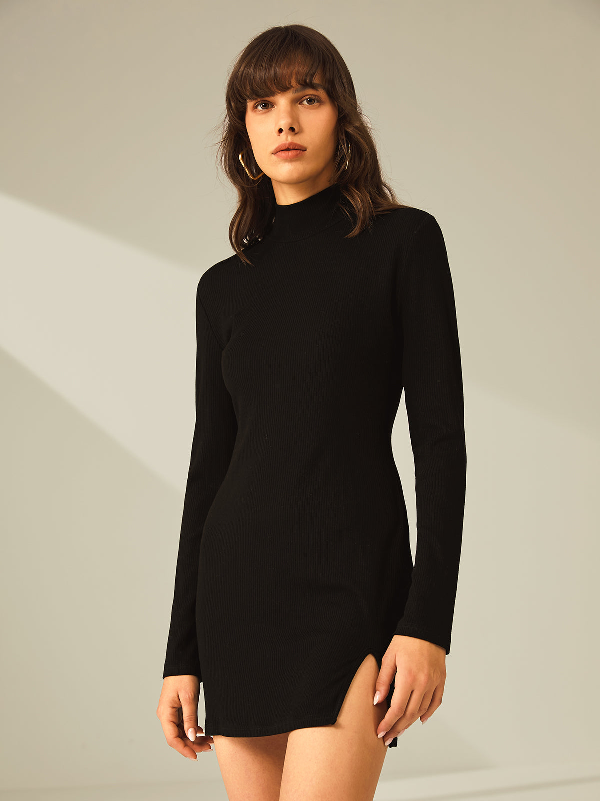 Slit & Chic Turtleneck Long Sleeve Mini Dress