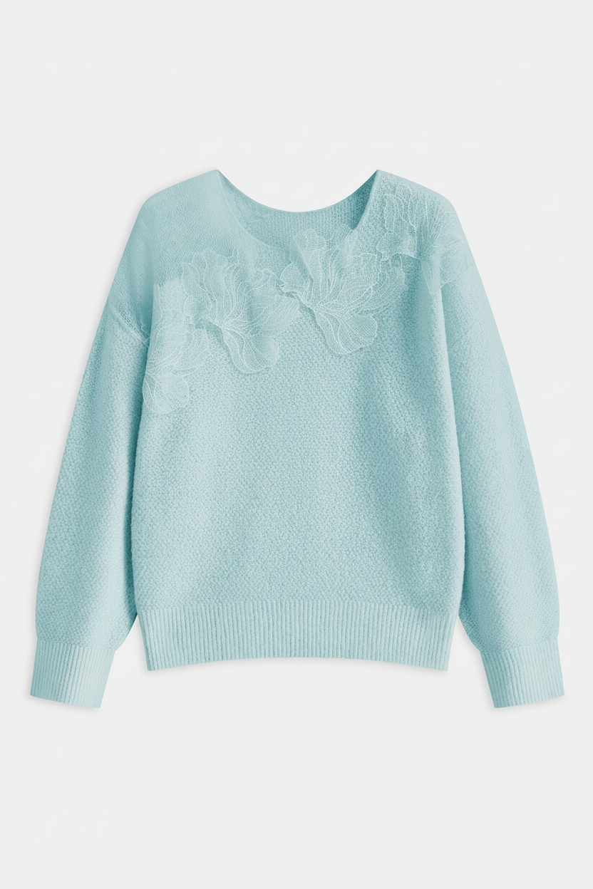 Lace Bloom Floral Semi-Sheer Round Neck Sweater