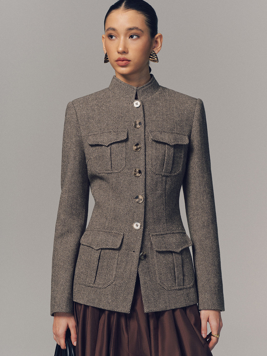 Exquisite Stand Collar Multi-Pocket Jacket