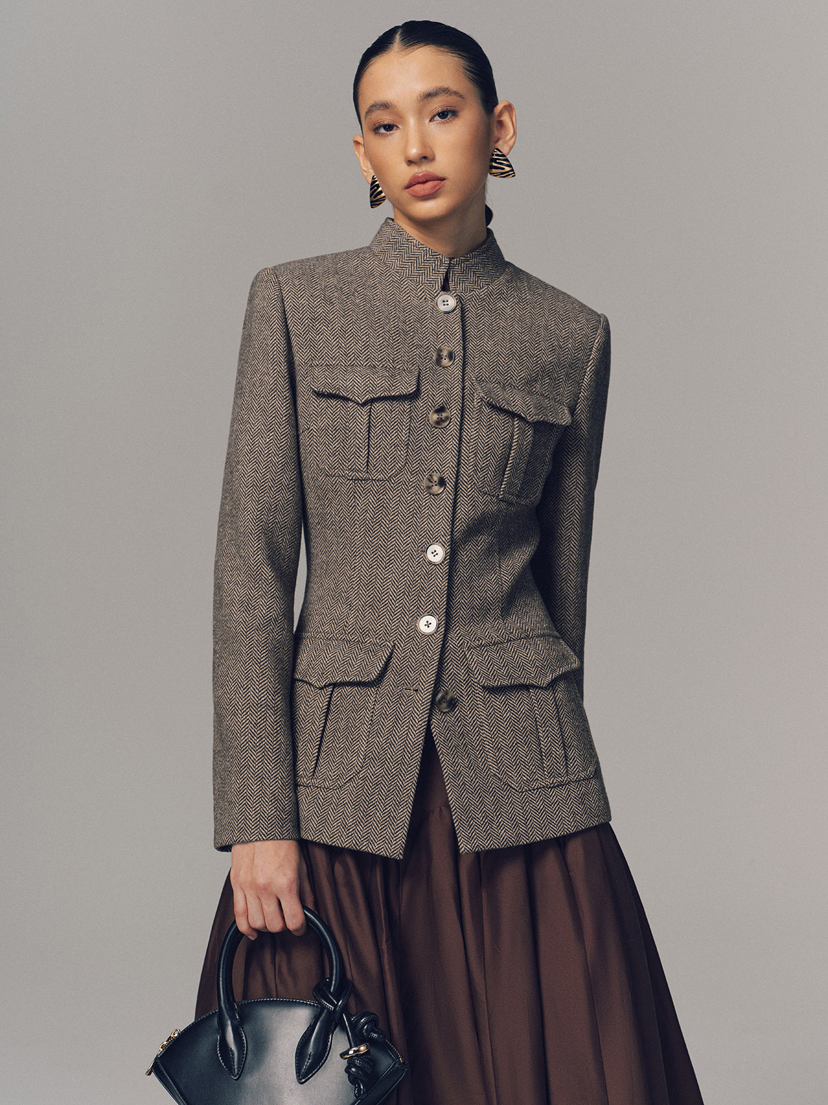 Exquisite Stand Collar Multi-Pocket Jacket