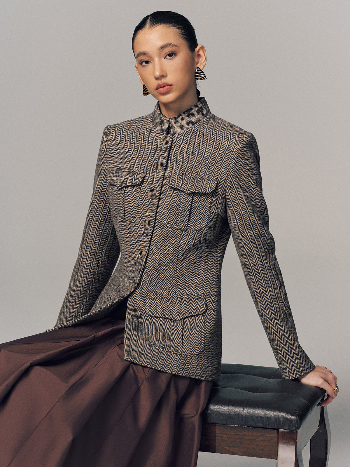 Exquisite Stand Collar Multi-Pocket Jacket