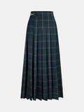 Plaid Society Buckle-Waist Pleated Maxi Skirt