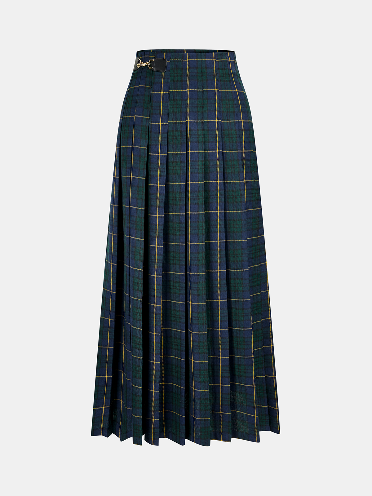 Plaid Society Buckle-Waist Pleated Maxi Skirt