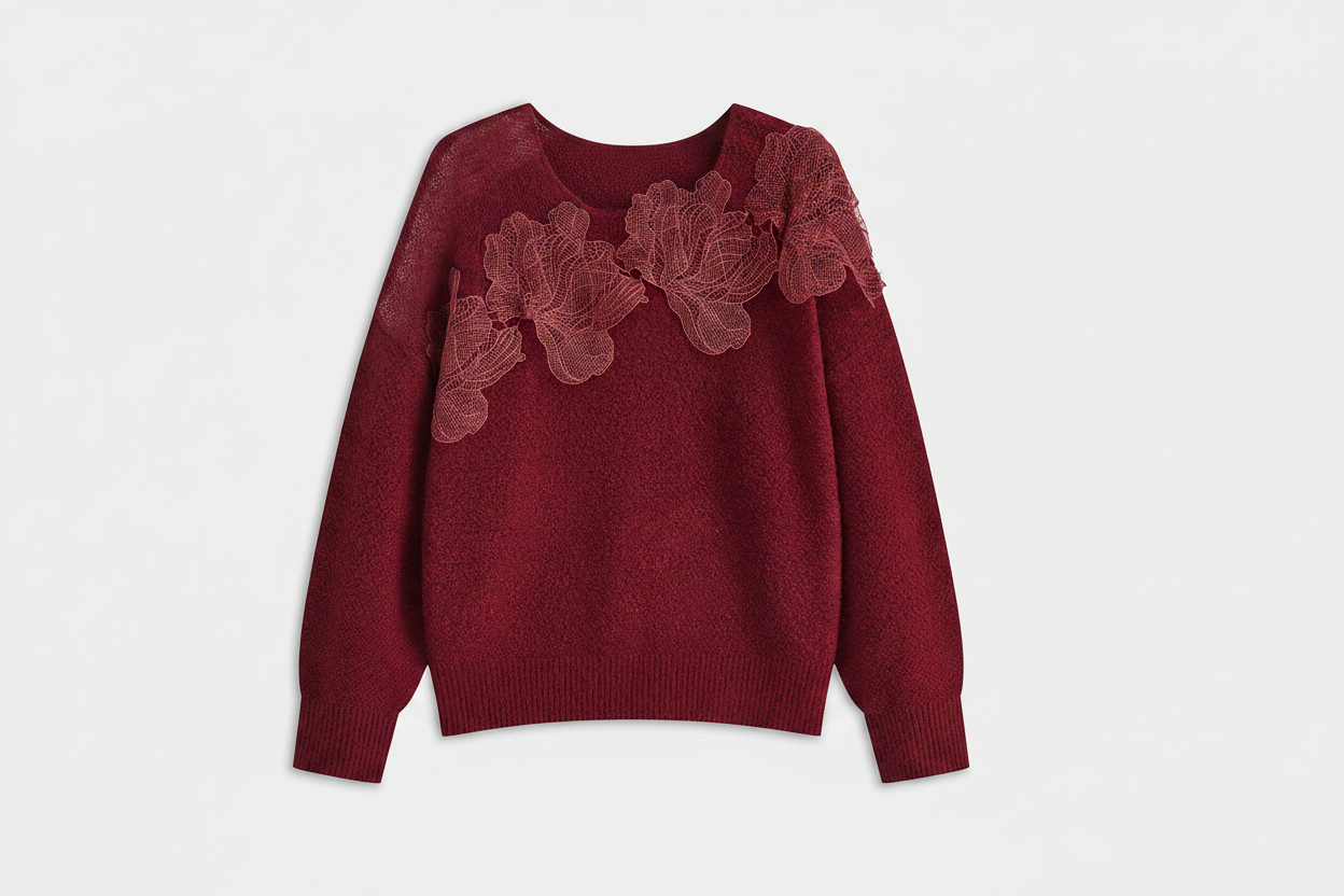 Lace Bloom Floral Semi-Sheer Round Neck Sweater