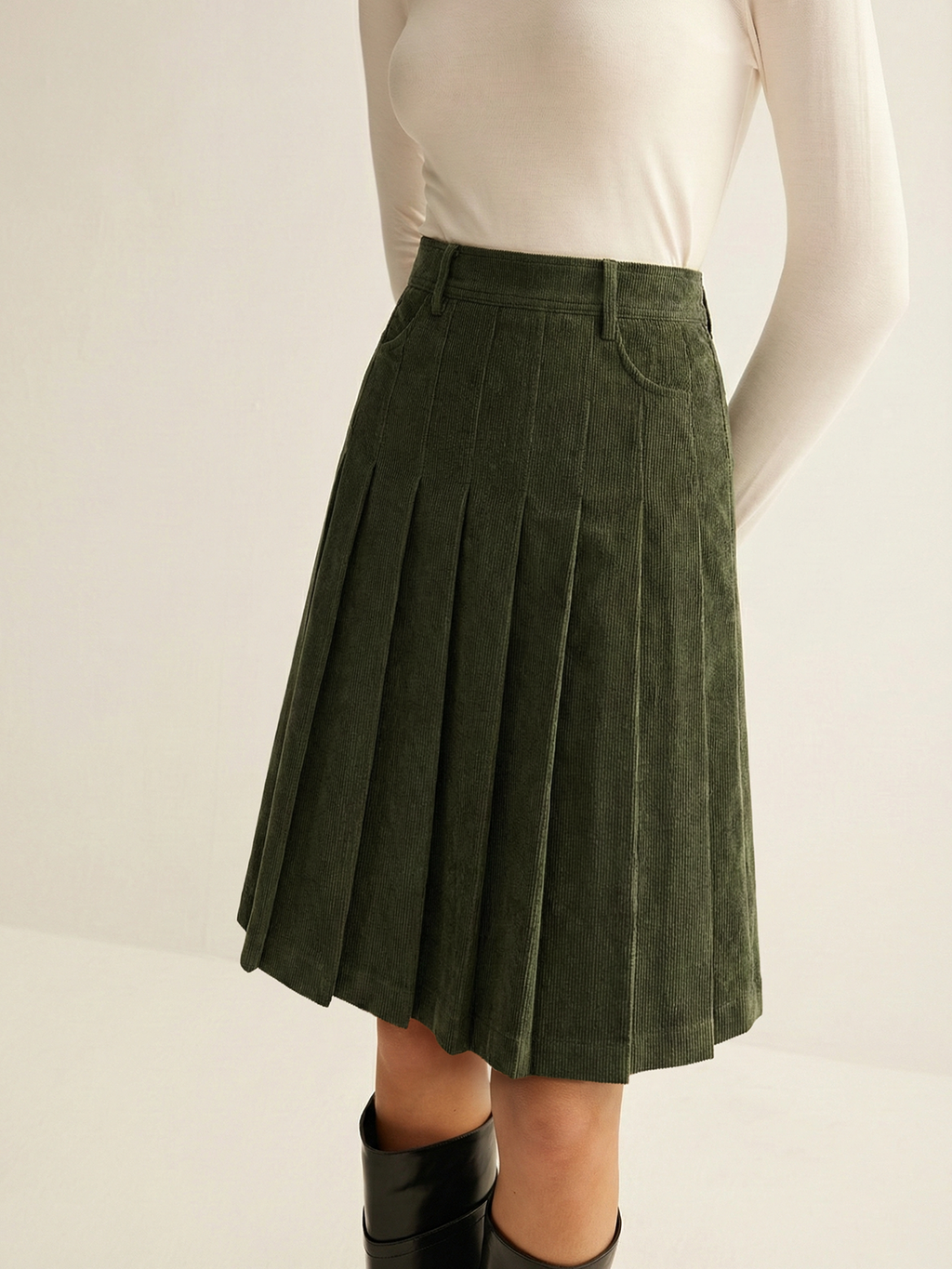 Harvest Pleated Corduroy Midi Skirt