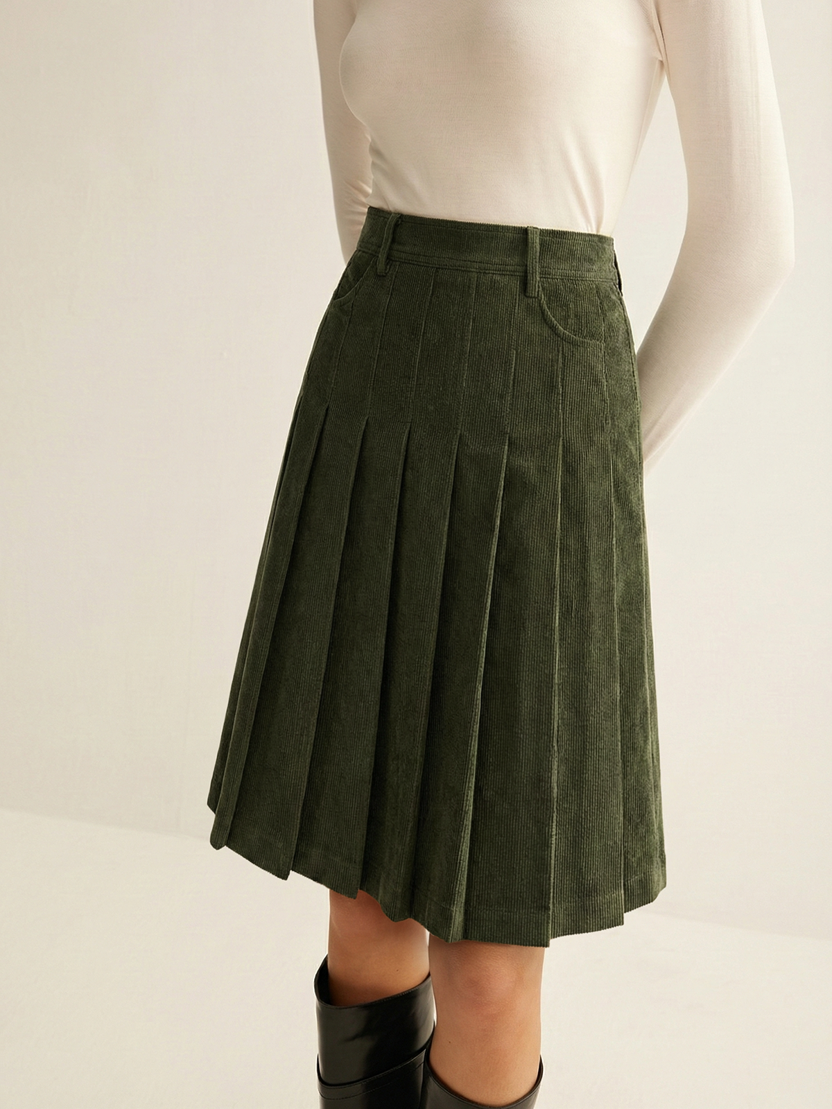 Harvest Pleated Corduroy Midi Skirt