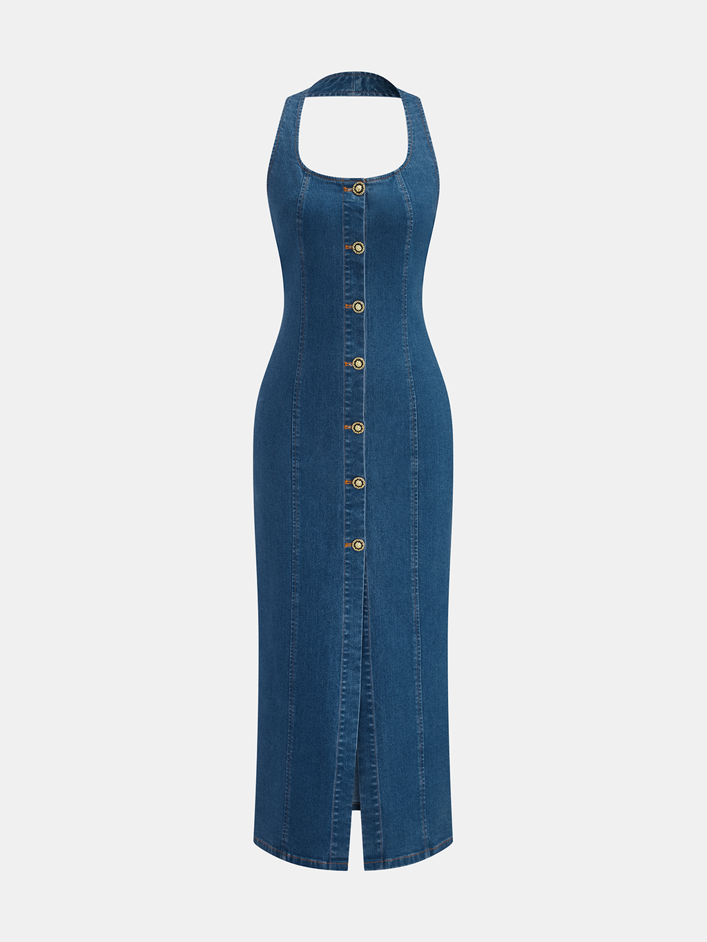 Denim Darling Halter Button Front Maxi Dress