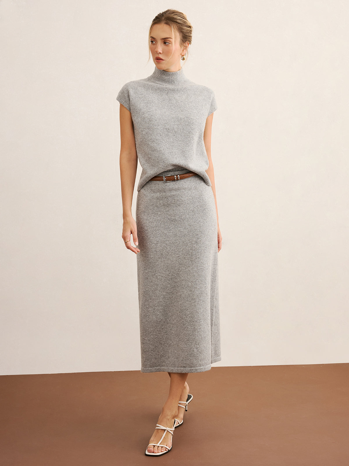 Minimal Mock Neck Knit Top & Midi Skirt Set