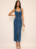 Denim Darling Halter Button Front Maxi Dress