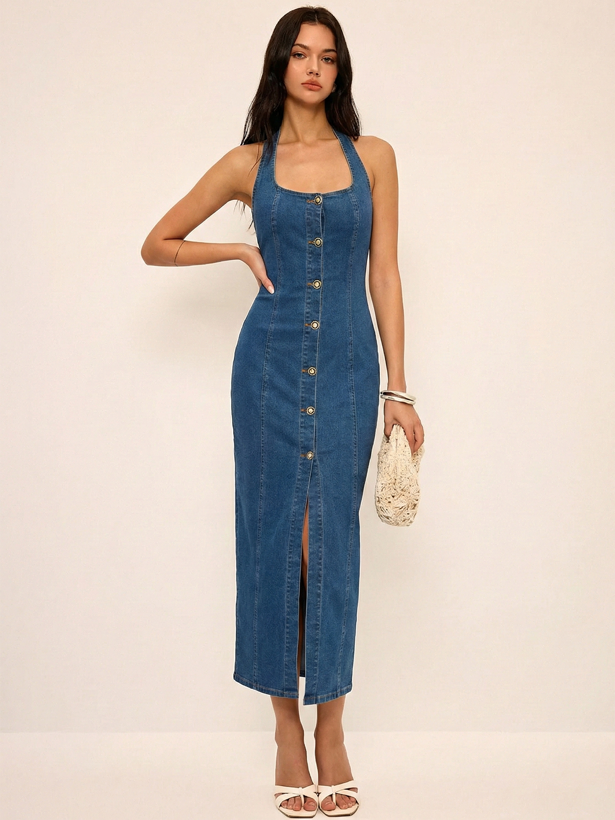 Denim Darling Halter Button Front Maxi Dress