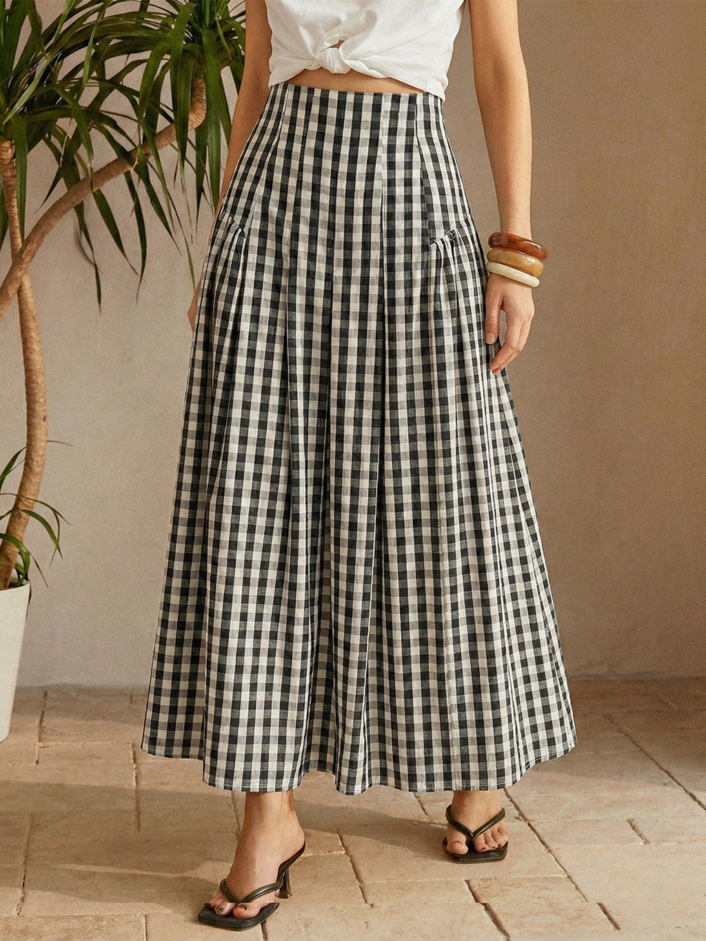 Prenti Gingham High-Waisted Pleated Midi Skirt