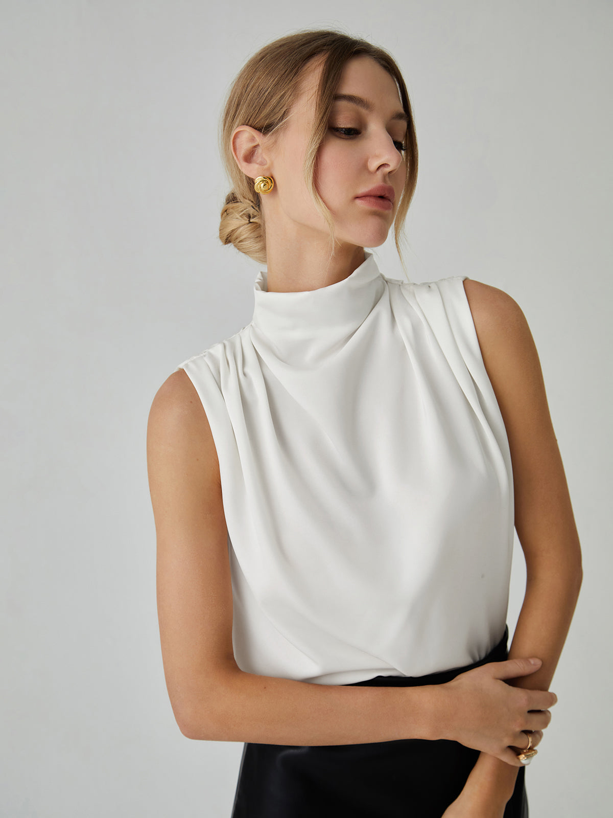 Ivory Pleat High Neck Sleeveless Blouse