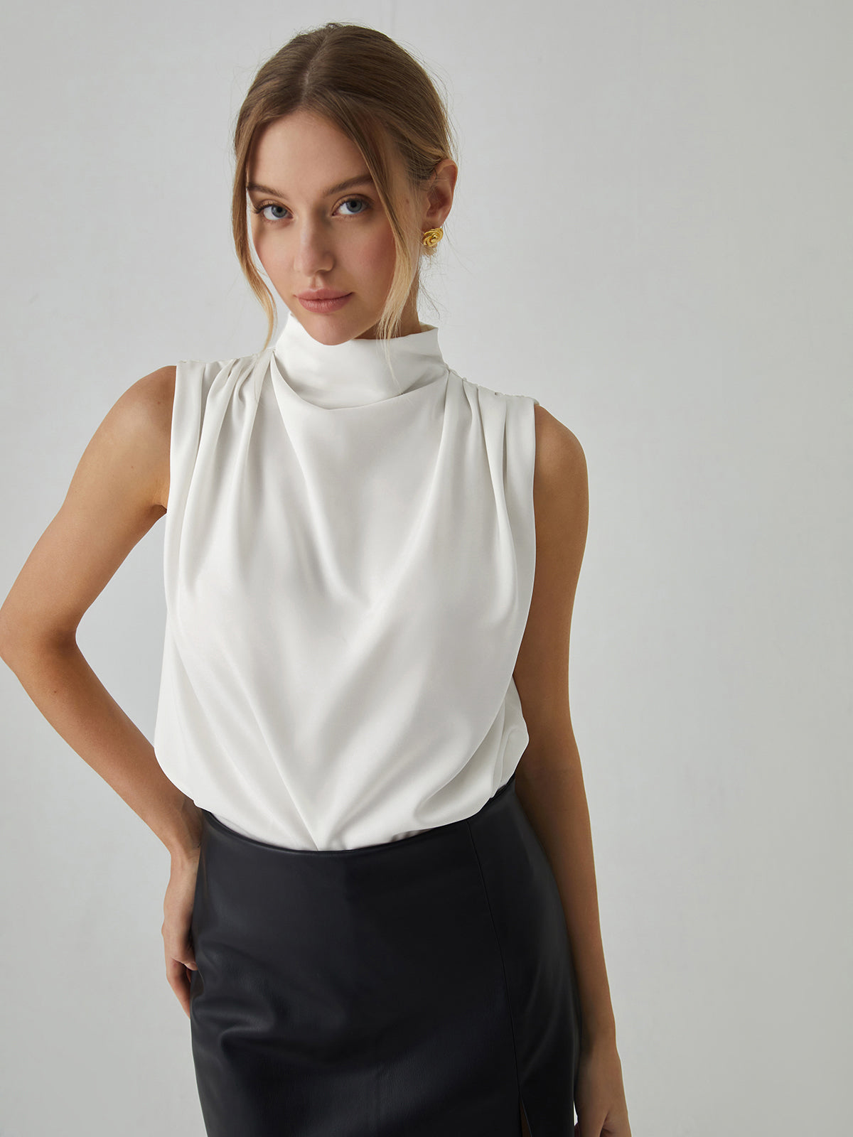 Ivory Pleat High Neck Sleeveless Blouse