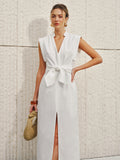 Breezy Bow Cotton-Linen Sleeveless V-Neck Split Dress