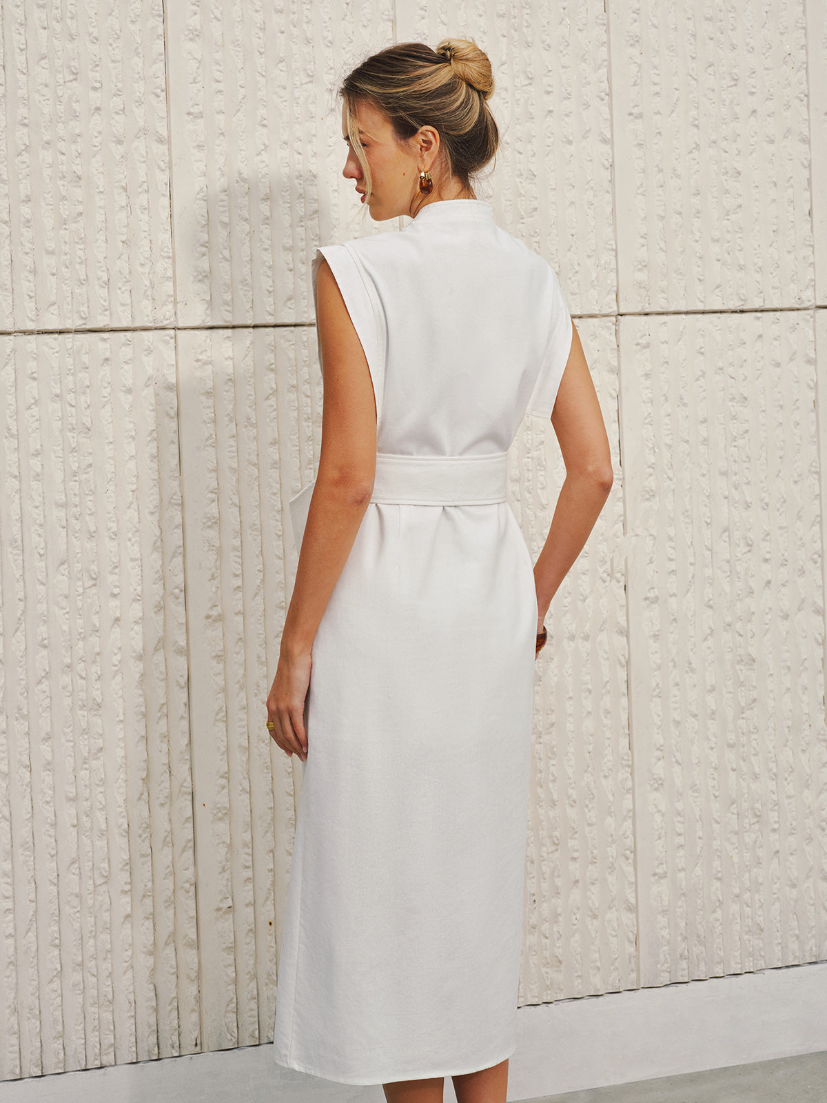 Breezy Bow Cotton-Linen Sleeveless V-Neck Split Dress