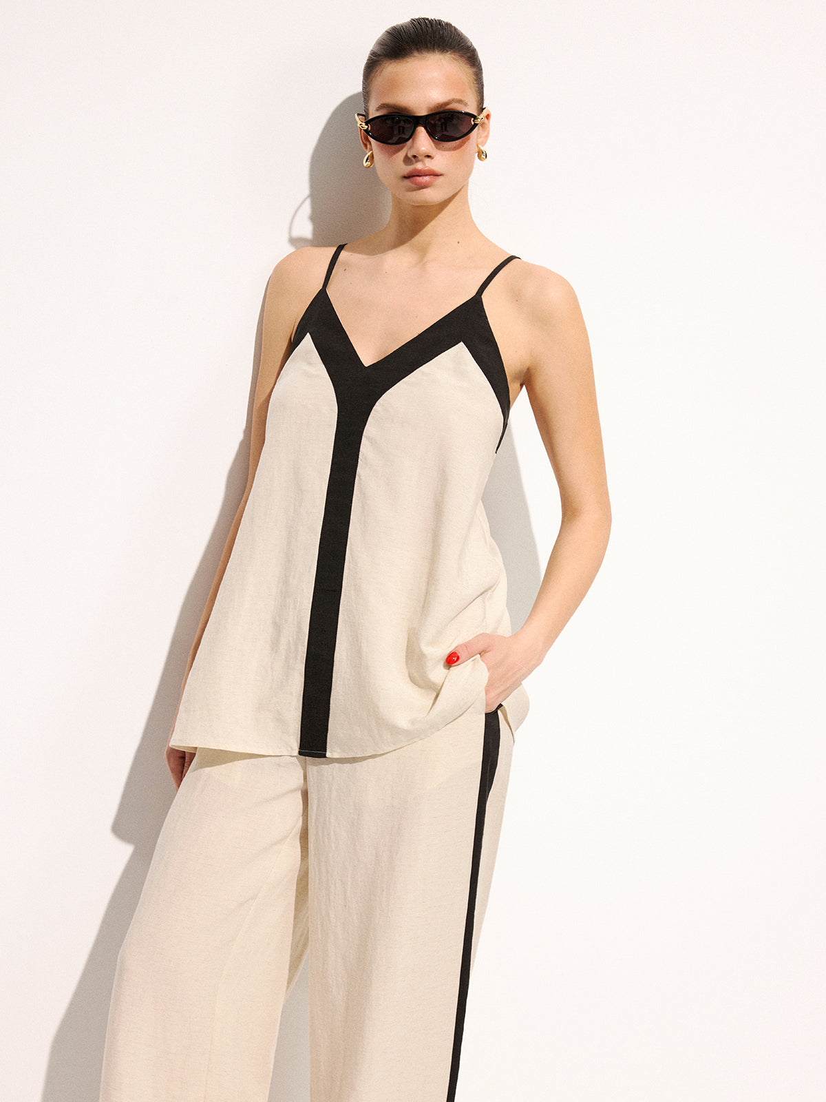 Elise Cotton Linen Contrast Cami Top & Pants Set
