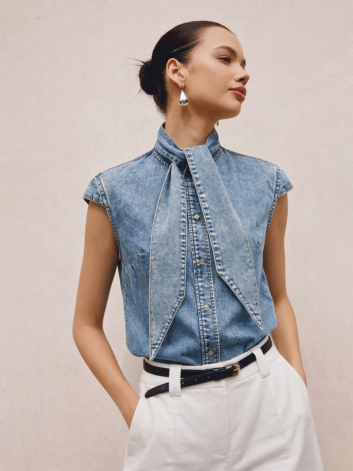 Denim Darling Tie Neck Sleeveless Shirt