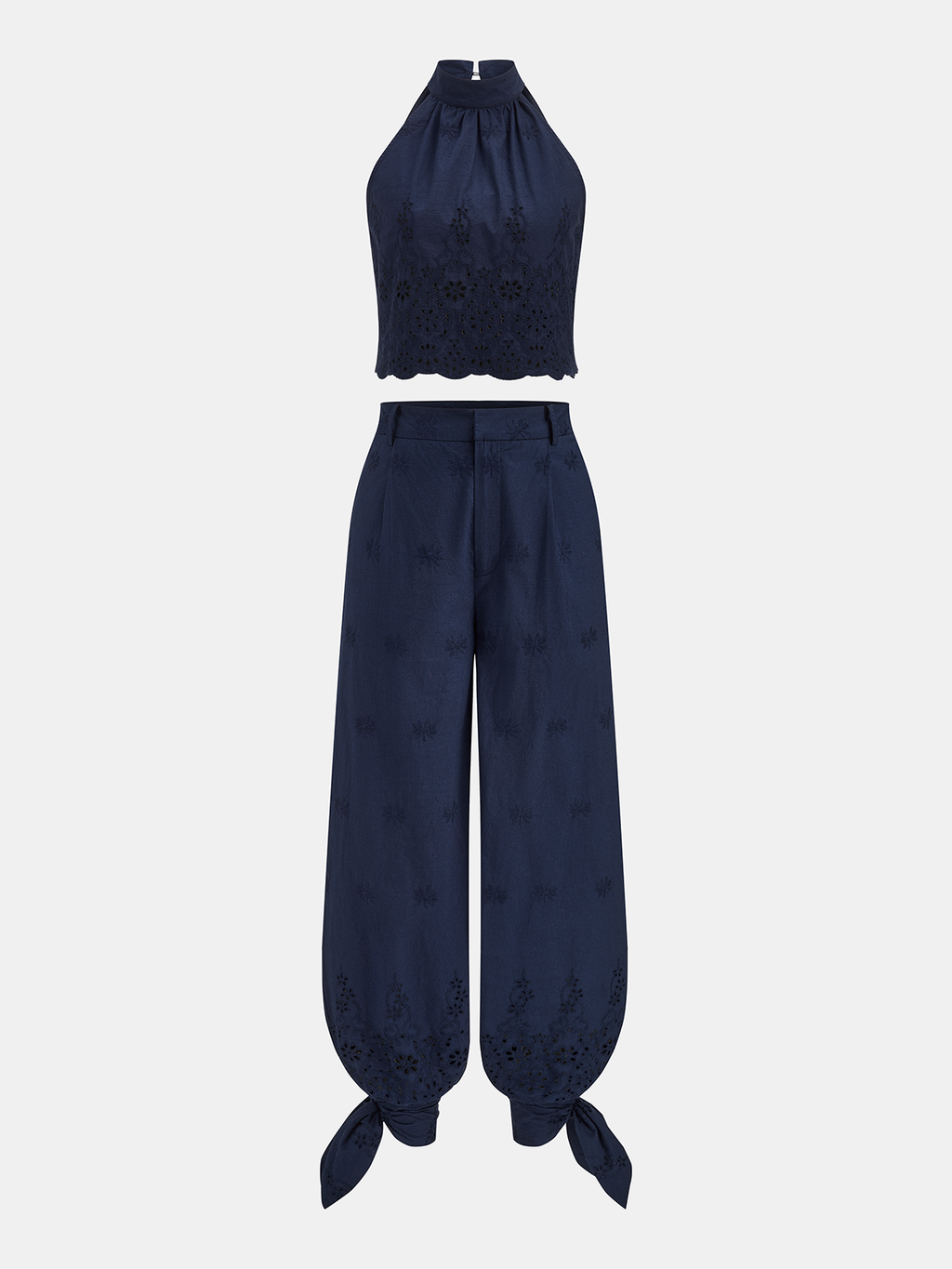 Garden Gate Eyelet Embroidery Top & Tie-Cuff Pants Set