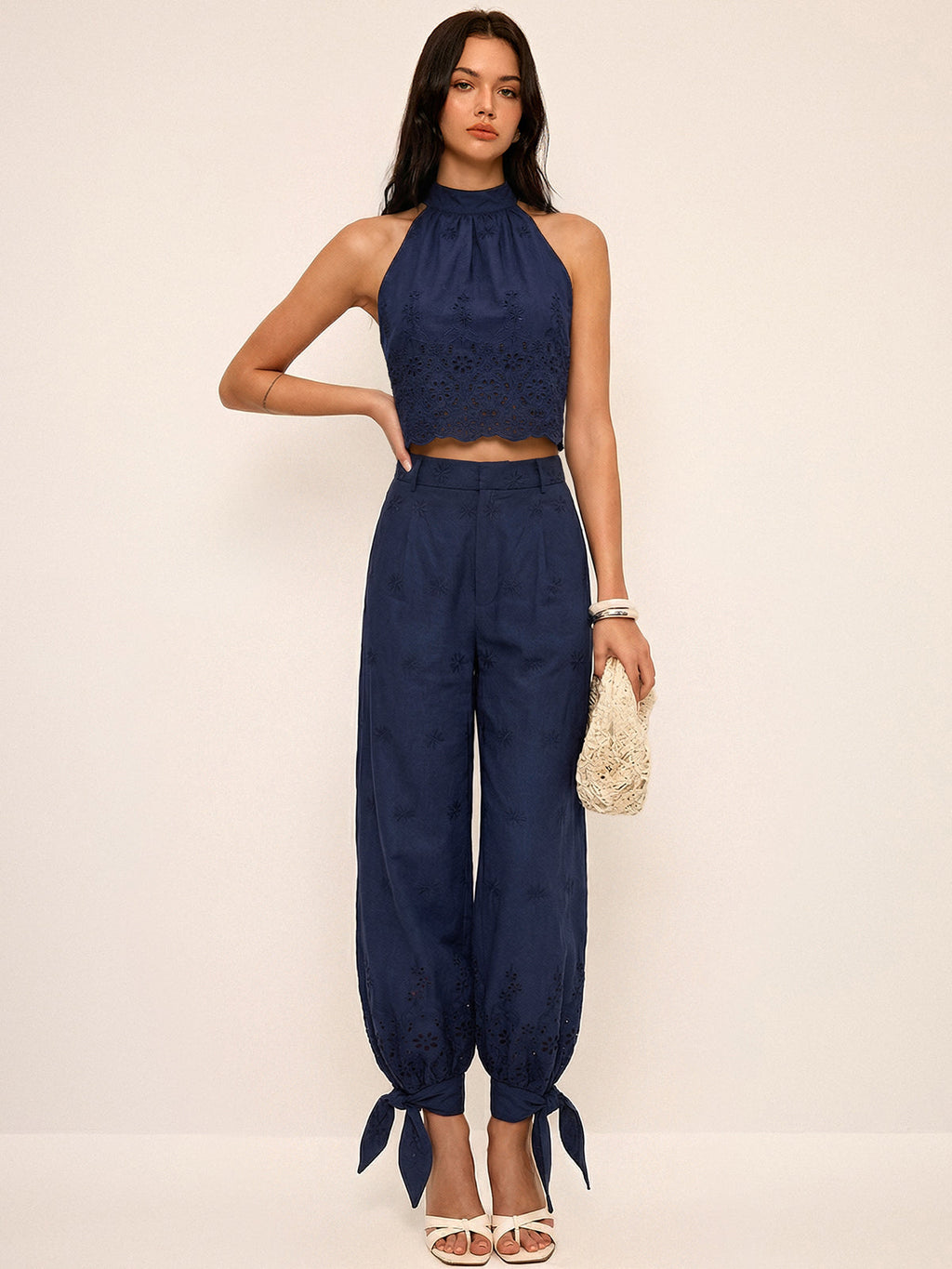 Garden Gate Eyelet Embroidery Top & Tie-Cuff Pants Set