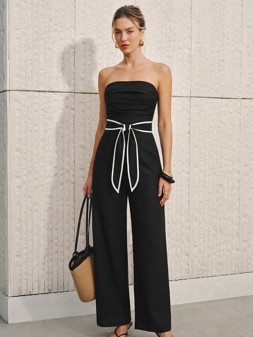 Linen-Blend Strapless Tie-Waist Jumpsuit