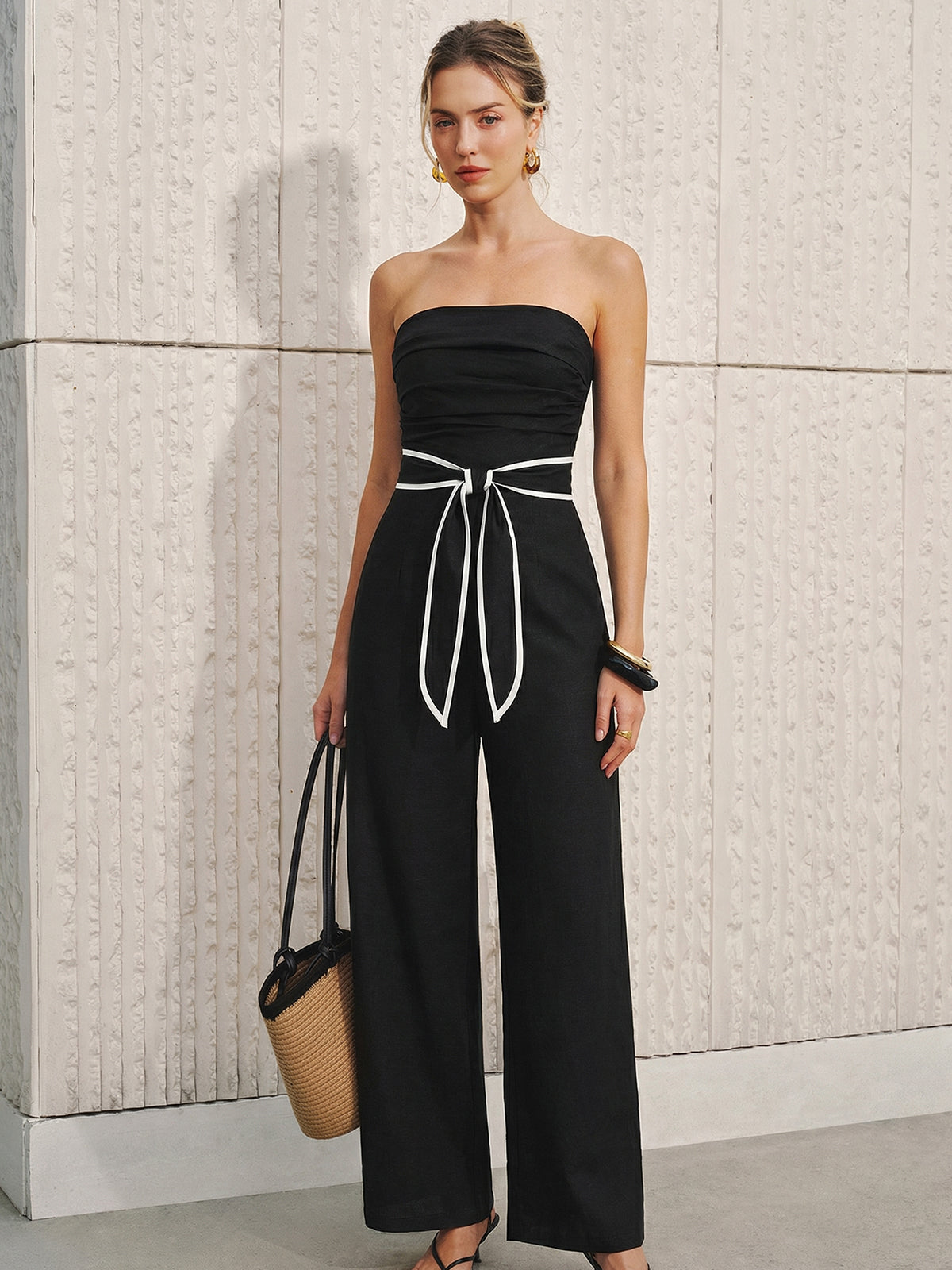Linen-Blend Strapless Tie-Waist Jumpsuit