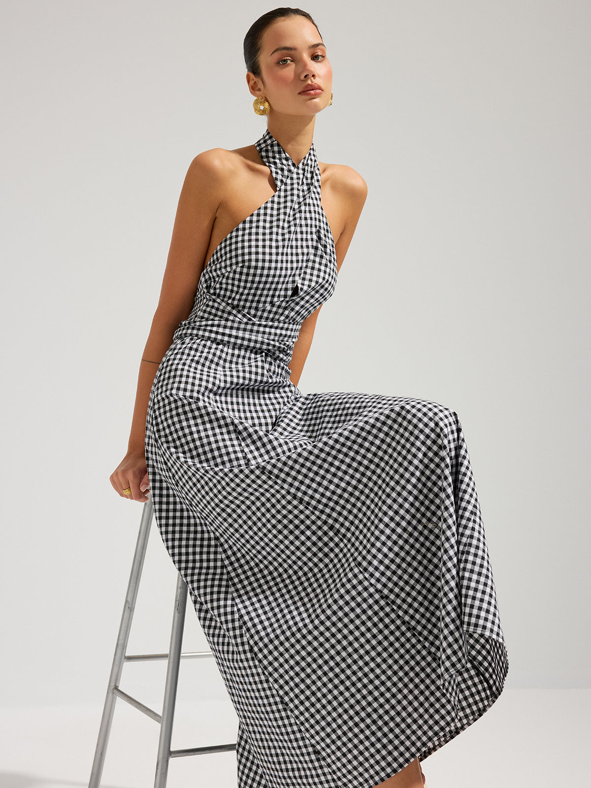 Queen Gingham Halter Maxi Dress