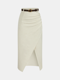 Chic Belted Linen Blend Midi Skirt