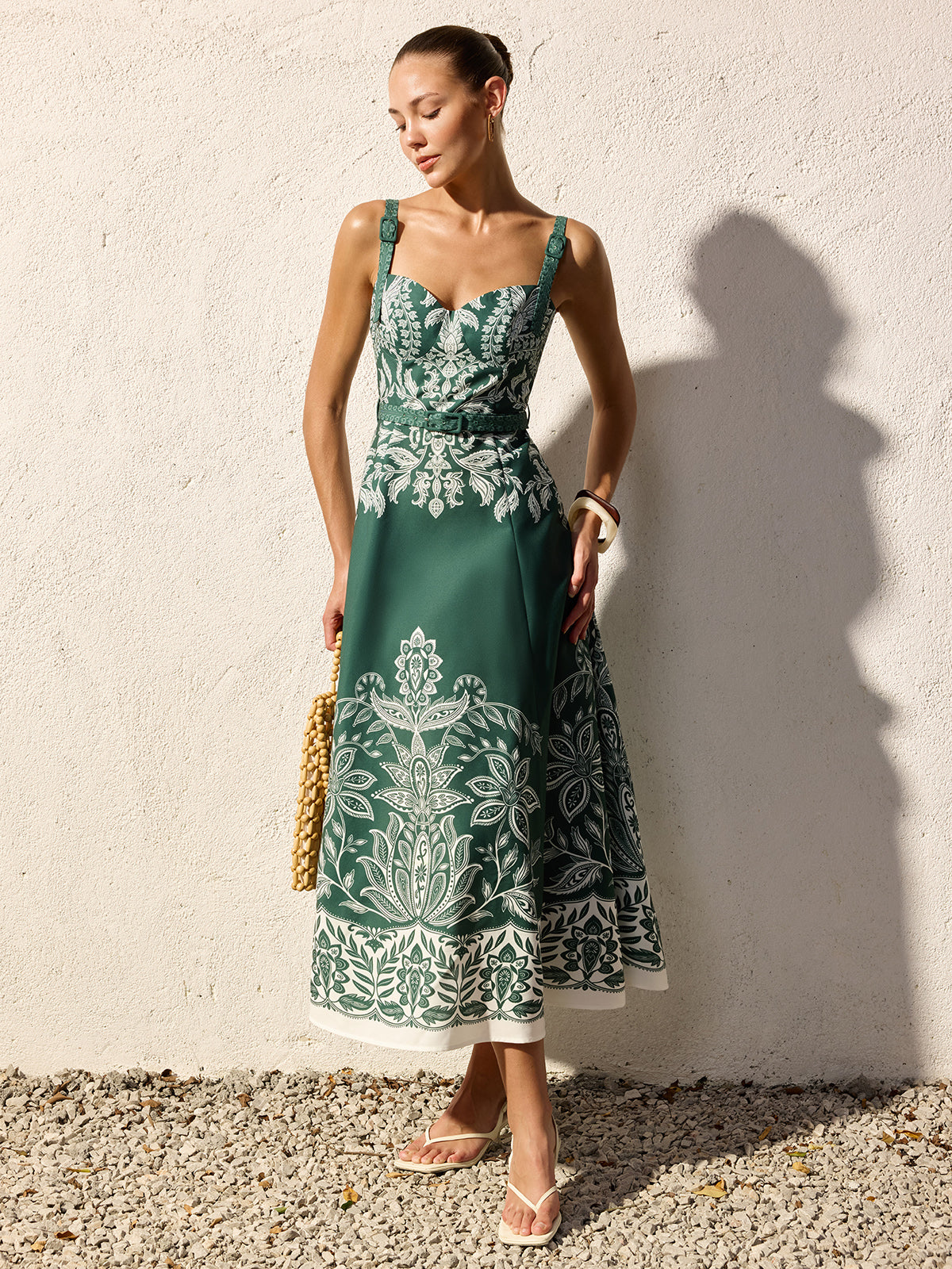 Bella Beauty Floral Print Belted Cami Maxi Dress