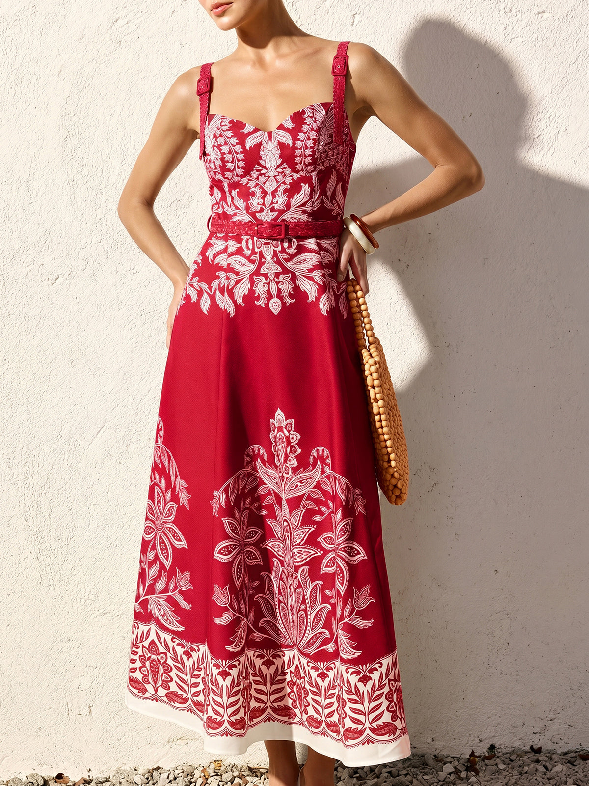 Bella Beauty Floral Print Belted Cami Maxi Dress
