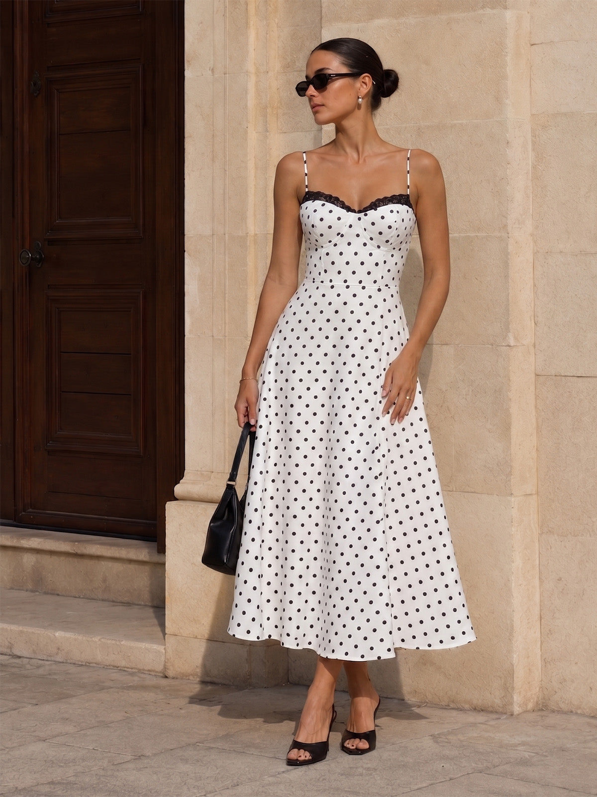 Dotted Romance Polka Dot Lace Trim Cami Maxi Dress