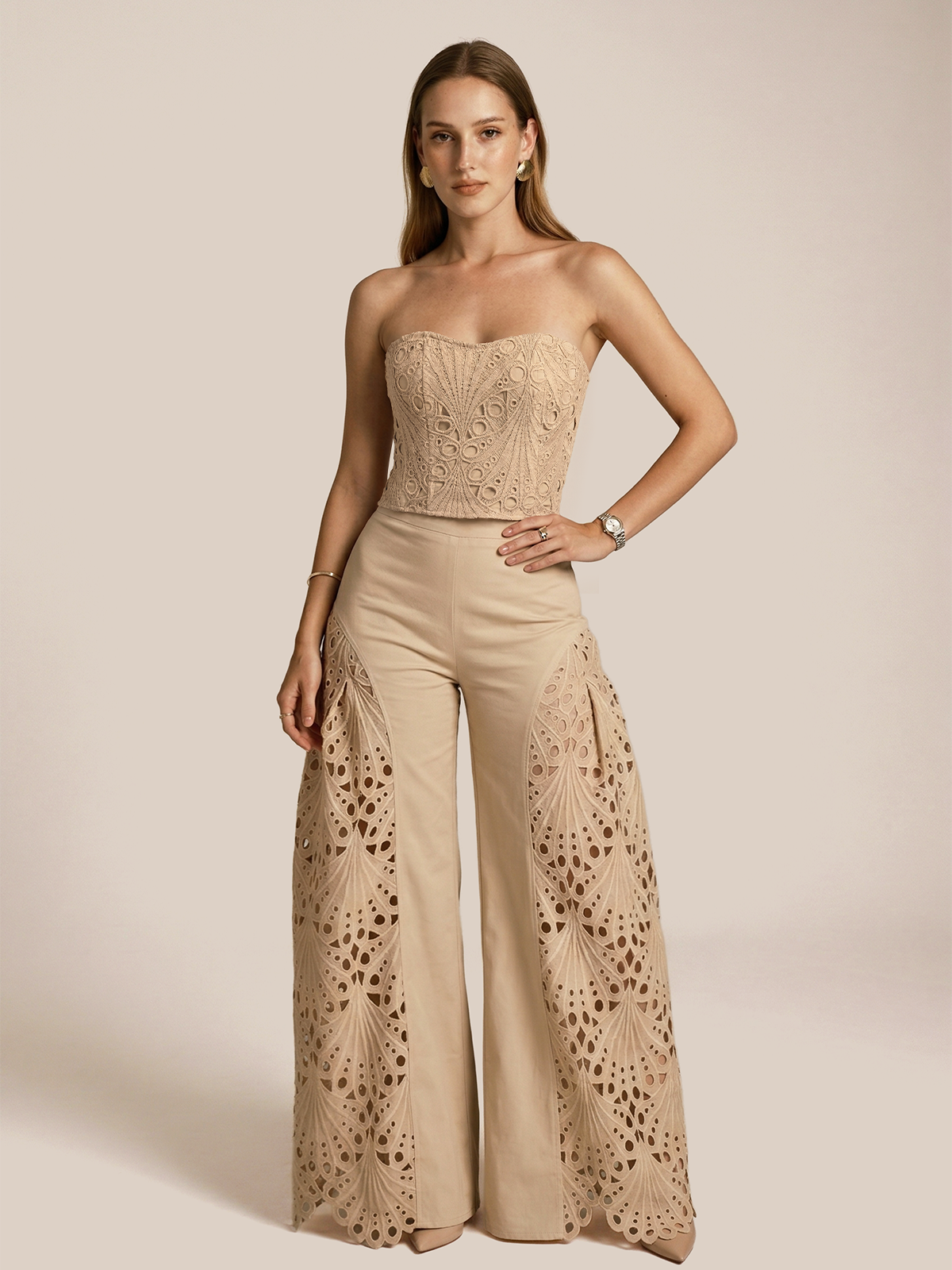 Sunday Brunch Strapless Eyelet Top & Wide-Leg Pants Set