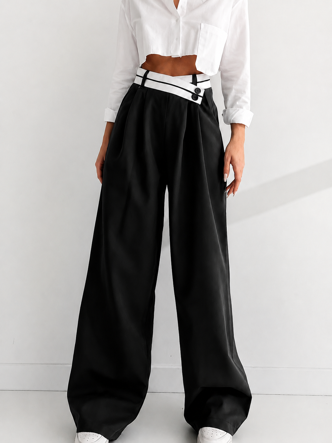 The Contrast Waistband Wide-Leg Dress Pants