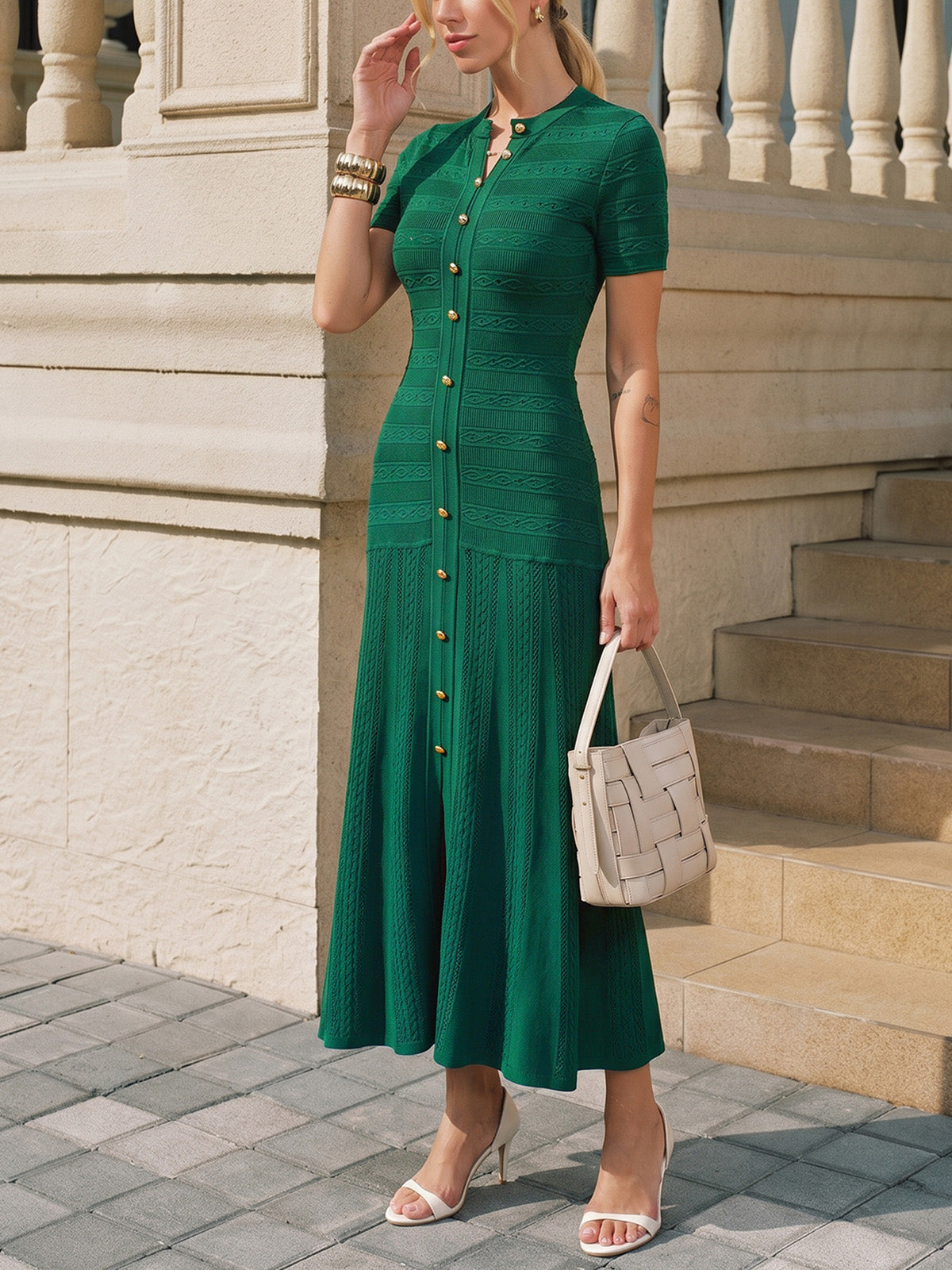 Textured Charm Short Sleeve Knit Midi Dress