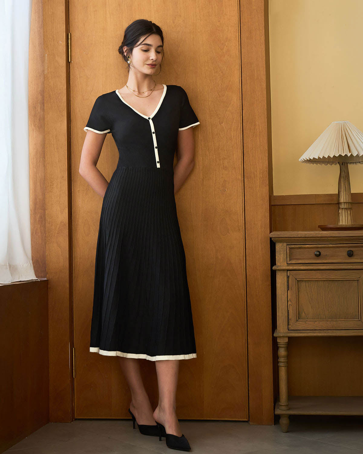 Onyx Contrast Knit Sweater Midi Dress
