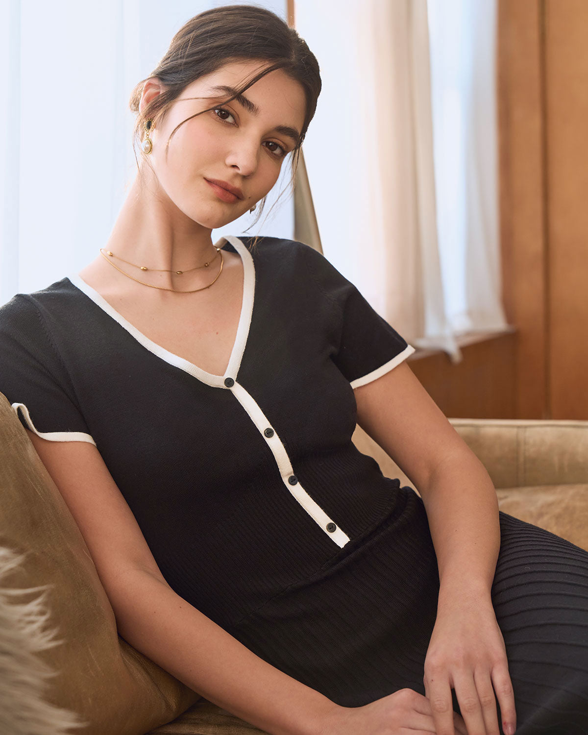 Onyx Contrast Knit Sweater Midi Dress