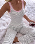 Cozy Stripe Rib Knit Sleepwear Set With Pockets