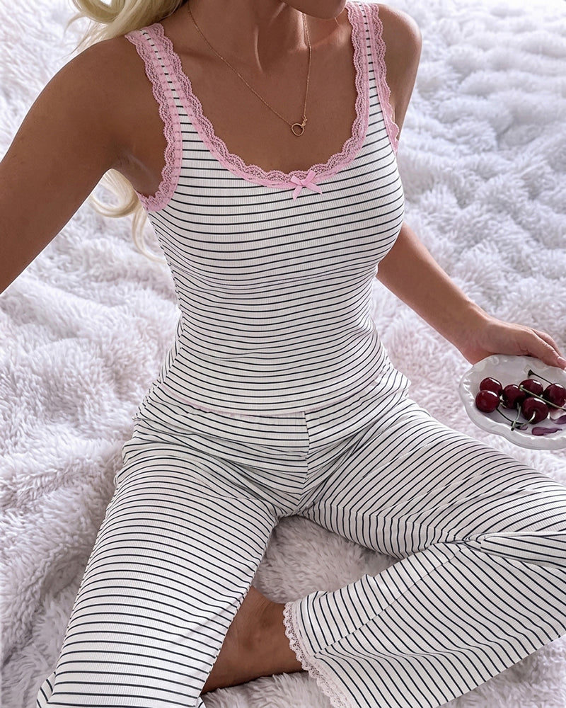 Cozy Stripe Rib Knit Sleepwear Set With Pockets
