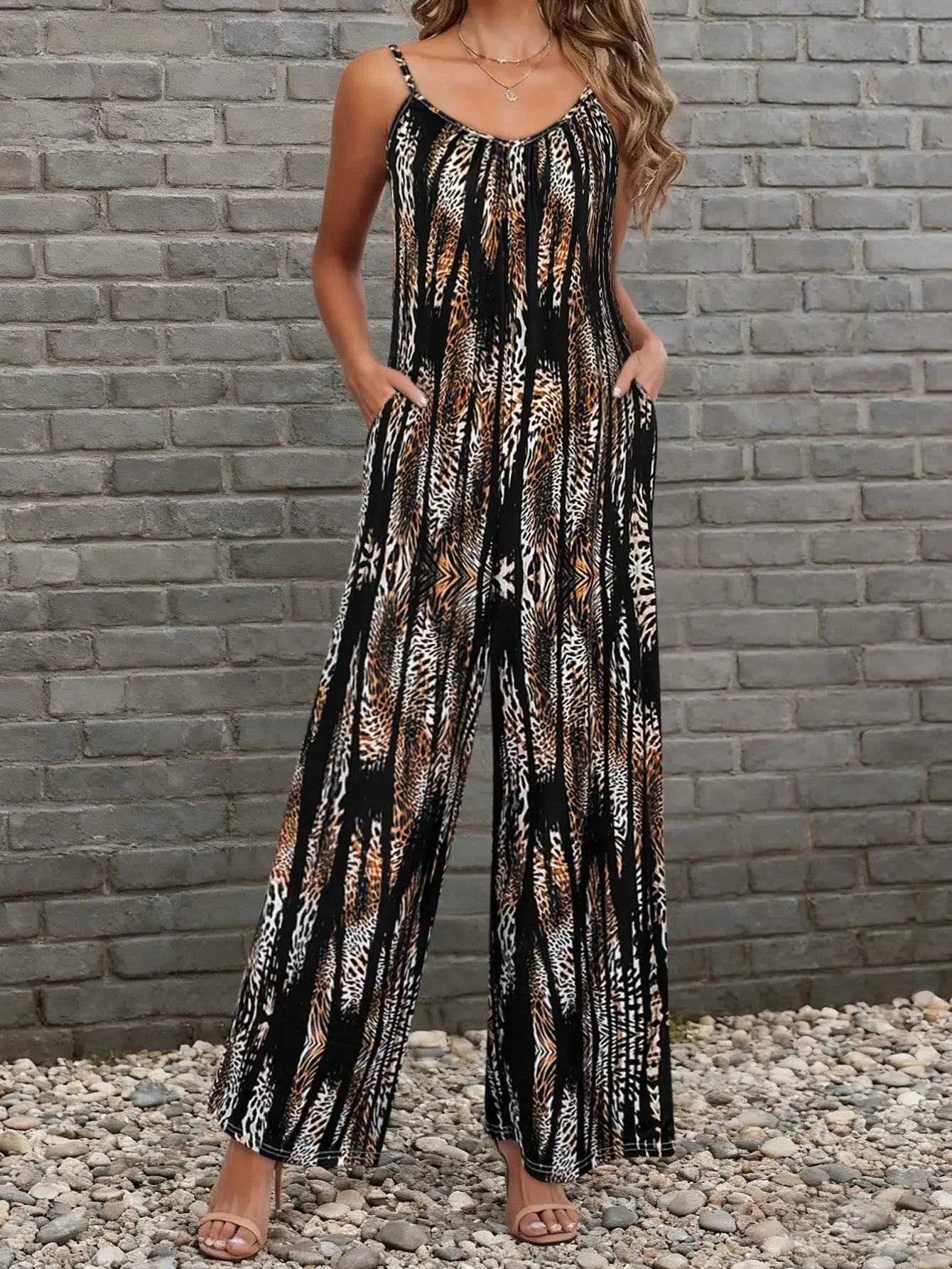 Safari Spaghetti Strap Wide Leg Jumpsuit