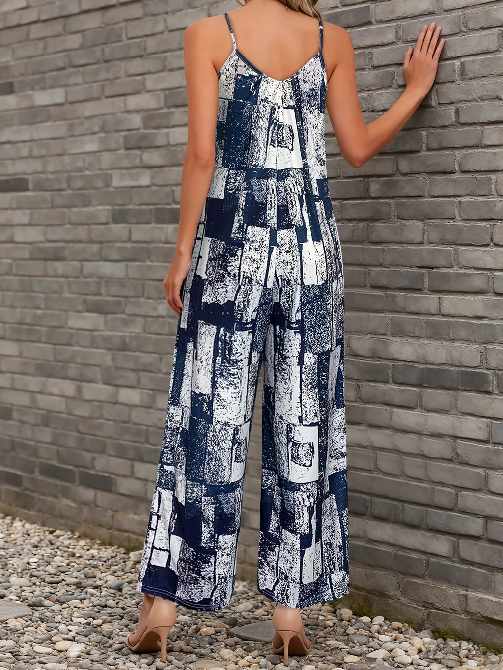 Abstract Spaghetti Strap Wide Leg Jumpsuit