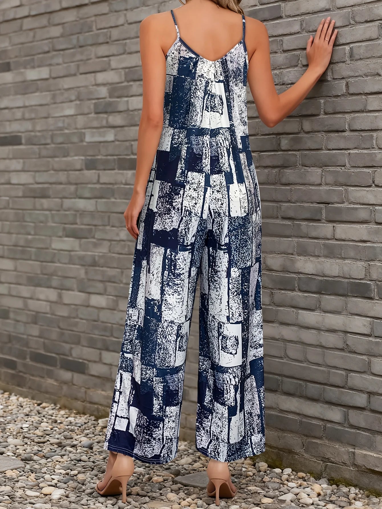 Abstract Spaghetti Strap Wide Leg Jumpsuit