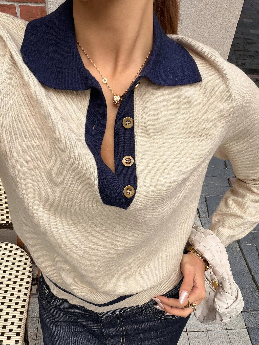 Madison Color Block Long Sleeve Polo Knit Top