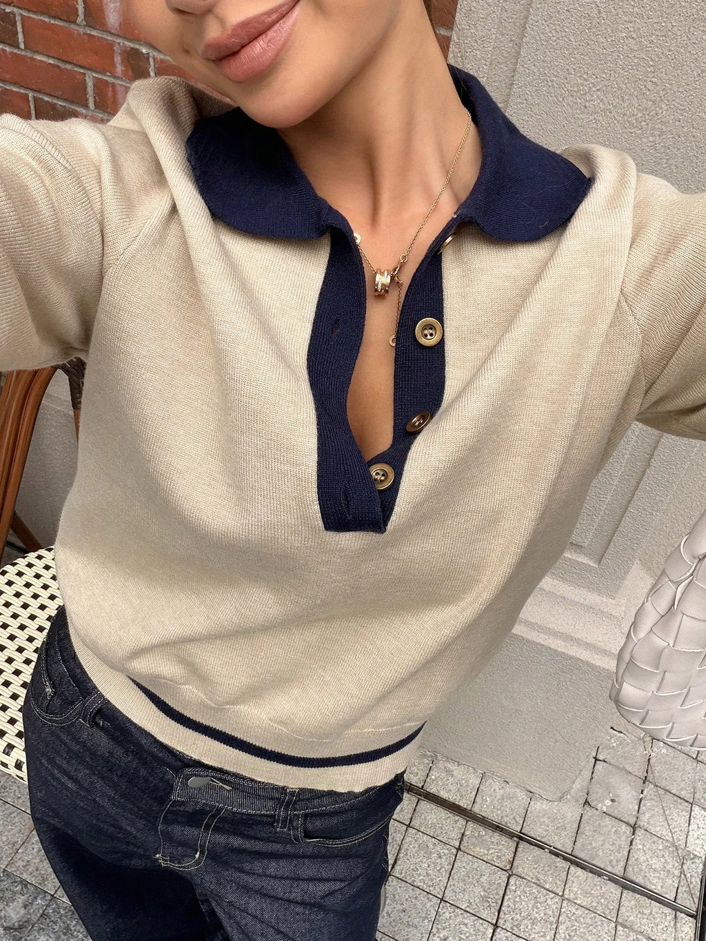 Madison Color Block Long Sleeve Polo Knit Top