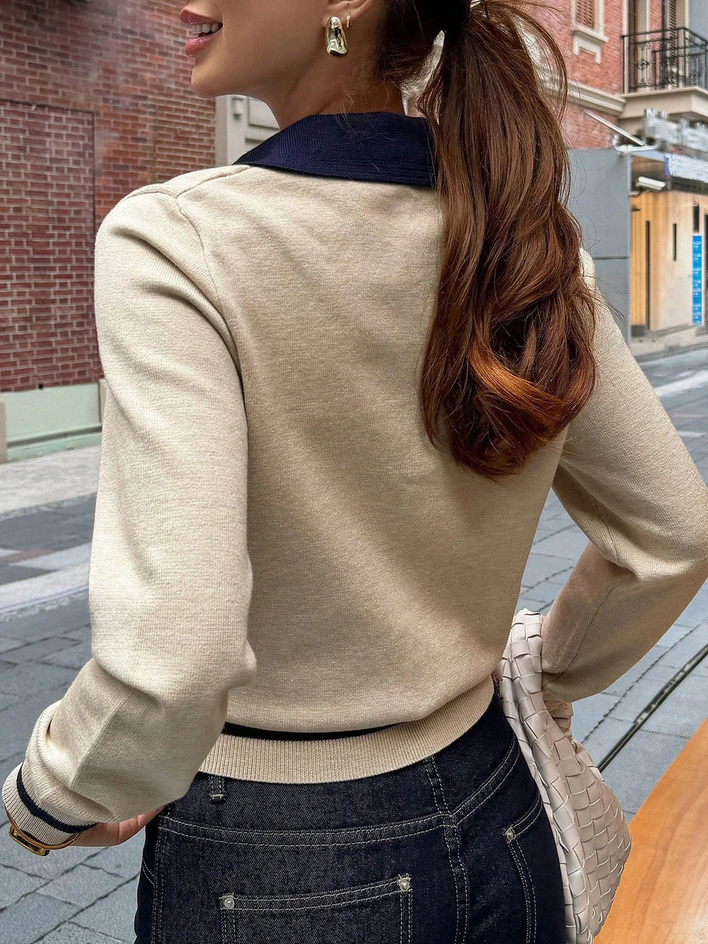 Madison Color Block Long Sleeve Polo Knit Top